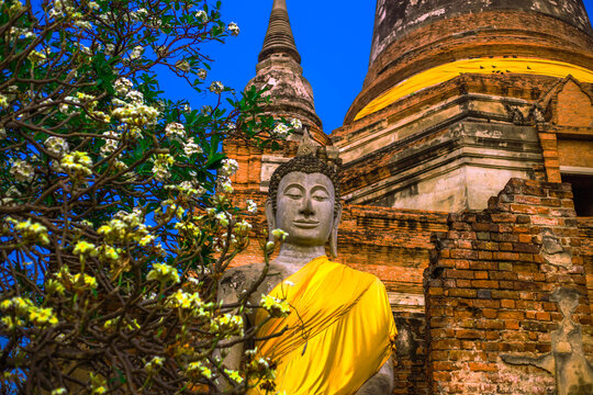 Background of old Buddha statues in Thai religious attractions in Ayutthaya Province, allowing tourists to study their history and take public photos.