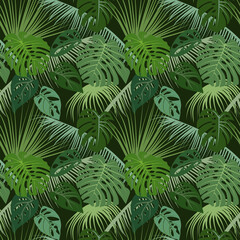 Seamless vector endless pattern tropical leaves dark background
