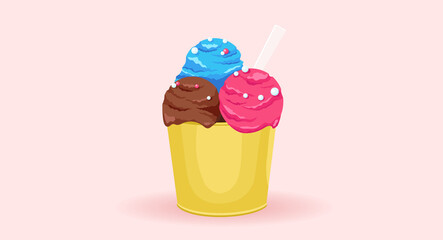 a yellow cup of pink, chocolate, and blue ice cream. Delicious ice cream made of three balls on a pink background. vector EPS