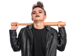 Rebellious teen boy dressed in black, isolated on white background. Young teenager in style of punk...