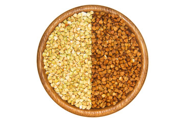 Green buckwheat and brown isolated on white background. Healthy and organic food
