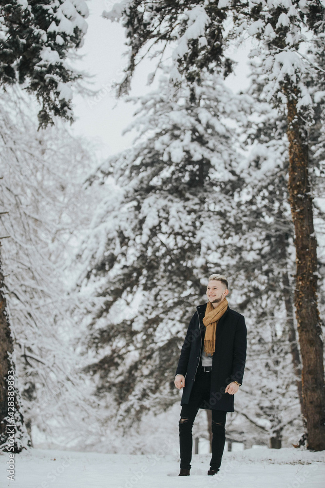 Sticker Vertical shot of a caucasian stylish male posing outdoors in a snowy park