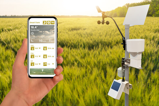 Farmer Control Weather Station Via Mobile App. Precision And Smart Farming Equipment	