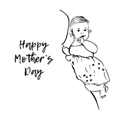 Happy Mother's Day card template. Baby girl in the dress on the hands with mom silhouette. Hand drawn vector illustration in minimal sketch style.