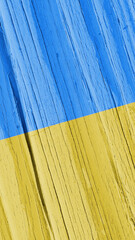 Flag of Ukraine on dry wooden surface, cracked with age. Vertical background or mobile phone...