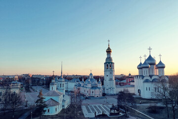Fototapeta premium spring top view of vologda landscape, church and cathedral, view in russia orthodoxy architecture