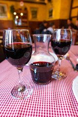 Vine glass in the old mountain town restaurant, Abruzzo, Italy