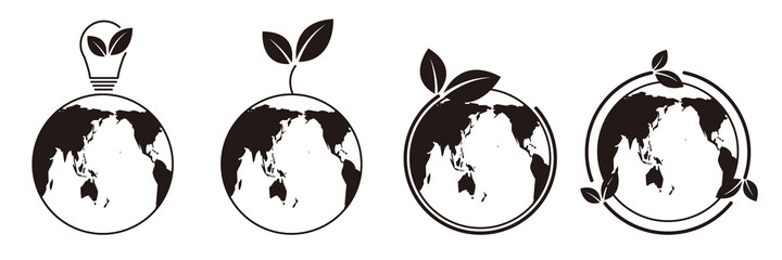 Earth day and ecology concept icons. Earth icon with natural elements. Eco ideas, green action, sustainable, Ecology illustration. Vector illustration. エコロジーアイコンセット、エコイラスト