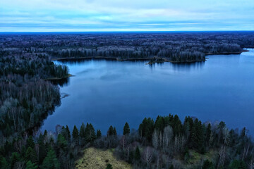 Fototapeta premium river autumn view from drone forest, landscape panorama aerial view