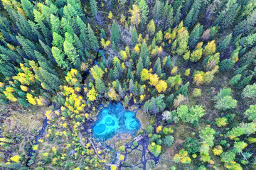 geyser lake altai aerial view from drone, blue lake landscape