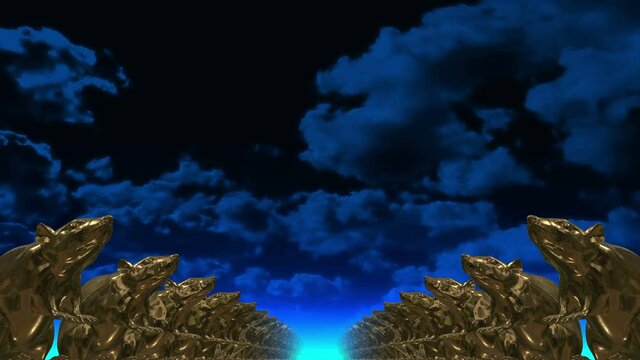Golden rats. 3D. Sculptures in rows in perspective against a blue sky.