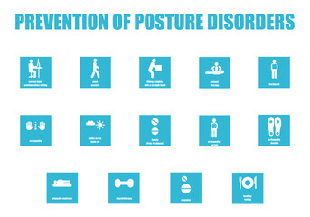 Scoliosis treatment. A set of icons on the topic of prevention of posture disorders. Medical infographics on how to correct curvature of the spine.