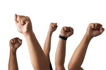 Group of hand and fist lift up high on white background