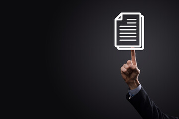 Businessman man holding a document icon in his hand Document Management Data System Business...