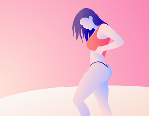 Beautiful girl model in beautiful tiny underwear posing photoshoot at the beach horizon