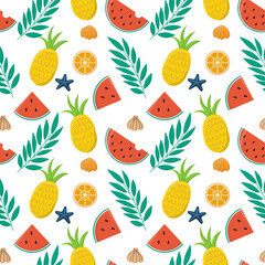 Colorful summer seamless pattern with tropical fruits and ice cream. Vector illustration