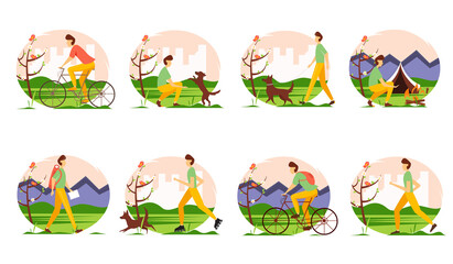 Fototapeta premium Young man doing different outdoor activities: running, rollerblading, walking and playing with the dog, traveling, cycling. Spring activities set.