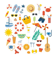 Summer set, accessories. Beach, sunglasses, umbrella, fruit, sunscreen, surfboard, ice cream, soft drinks, slippers. vector illustration © Діана Карч