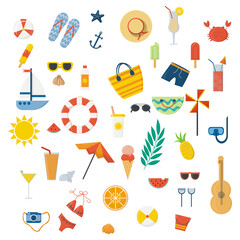 Summer set, accessories. Beach, sunglasses, umbrella, fruit, sunscreen, surfboard, ice cream, soft drinks, slippers. vector illustration