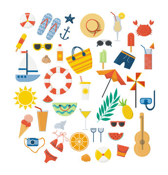 Summer set, accessories. Beach, sunglasses, umbrella, fruit, sunscreen, surfboard, ice cream, soft drinks, slippers. vector illustration