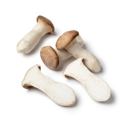 Whole and halved fresh raw king oyster mushrooms isolated on white background  