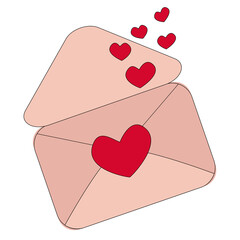 Envelope with red hearts, vector illustration, white background