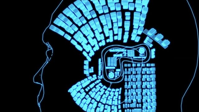 Camera tracking Zoom Out From Futuristic City Wireframe to Human Brain and Body Wireframe. Abstract Digital Technology Hologram Background. Ai Artificial intelligence brain concept. 