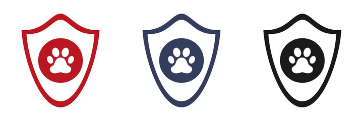 Pet health insurance icons set. Pet protection concept. Dog or cat paw print. Vector