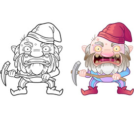 cartoon evil gnome, coloring book, funny illustration