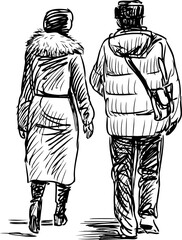 Freehand drawing of couple citizens walking together outdoors