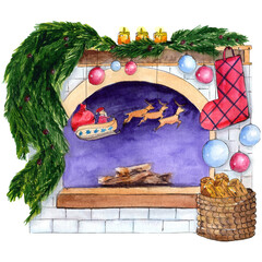 Christmas illustration, fireplace, hand painted watercolor