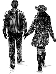 Sketch of couple young citizens walking together along street