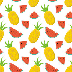 Colorful summer seamless pattern with tropical fruits and ice cream. Vector illustration