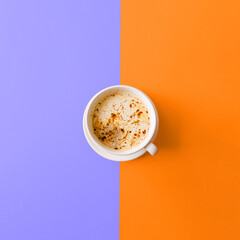 Delicious morning cup of black coffee with milk and foam on orange lilac background. Top view. Flat lay.