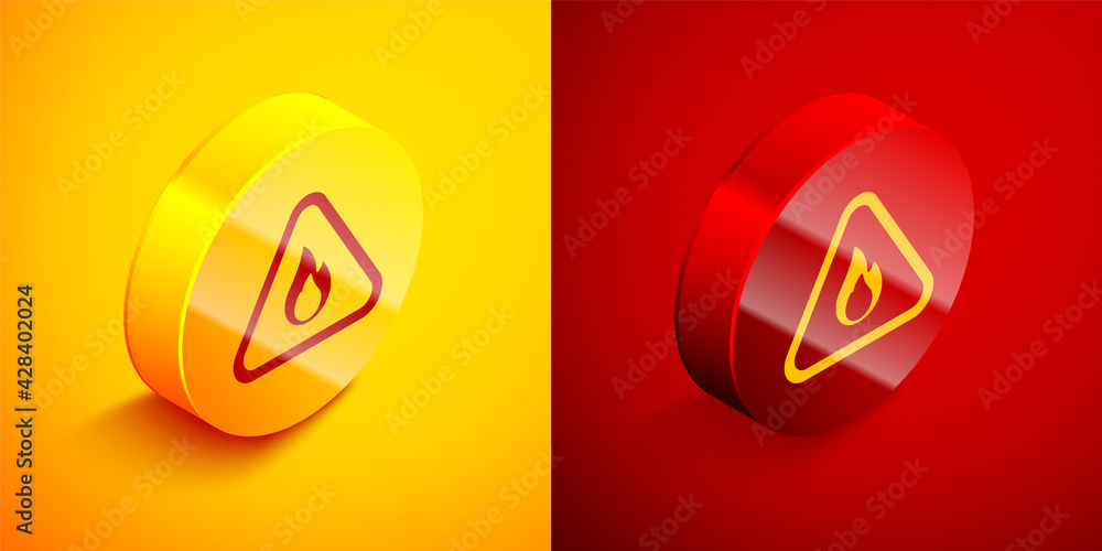 Poster isometric fire flame in triangle icon isolated on orange and red background. warning sign of flammab