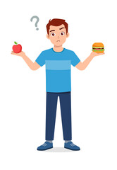 Obraz na płótnie Canvas young good looking man choose healthy food or junk food