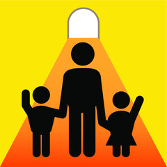Father and children hold hands together to walk to the door of happiness, Vector, icon