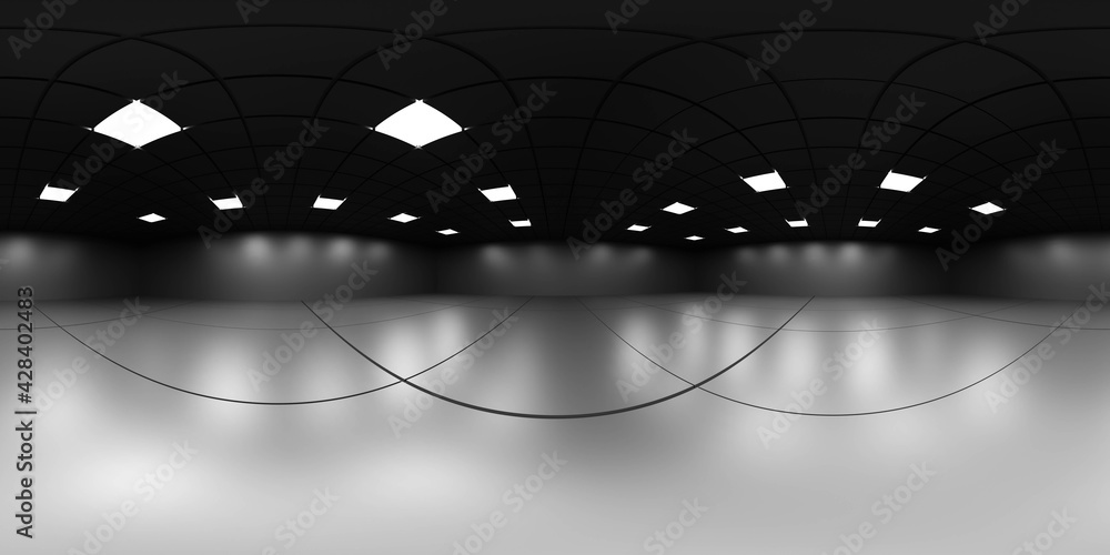Poster 360 spherical panorama view of empty modern big futuristic room with tiled walls and dark floor 3d r