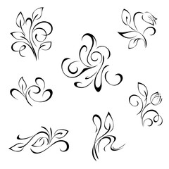 floral ornament 8. SET. set of decorative elements with leaves and curls in black lines on a white background. SET