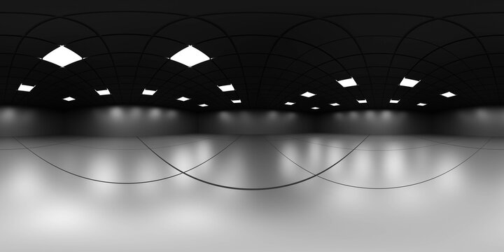 360 spherical panorama view of empty modern big futuristic room with tiled walls and dark floor 3d render illustration hdri hdr vr style