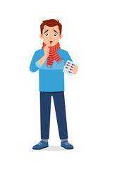 young good looking man feel sick and take medicine