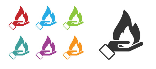 Black Hand holding a fire icon isolated on white background. Insurance concept. Security, safety, protection, protect concept. Set icons colorful. Vector