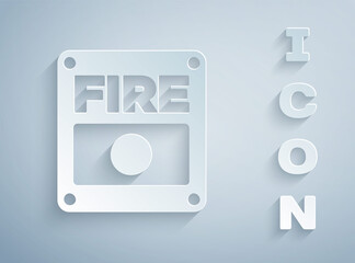 Paper cut Fire alarm system icon isolated on grey background. Pull danger fire safety box. Paper art style. Vector