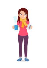young good looking woman feel sick and take medicine