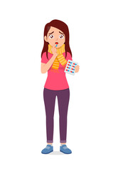 young good looking woman feel sick and take medicine