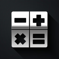 Obraz premium Silver Calculator icon isolated on black background. Accounting symbol. Business calculations mathematics education and finance. Long shadow style. Vector