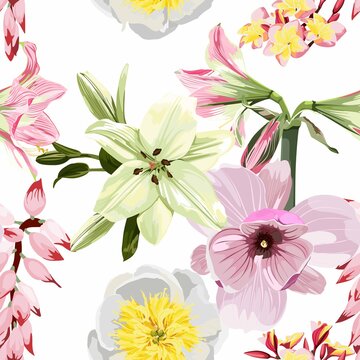Fototapeta Seamless floral pattern with pink tropical magnolia Amaryllis lilies and plumeria flowers on white background. Template design for textiles, interior, clothes, wallpaper. Botanical art. Engraving styl