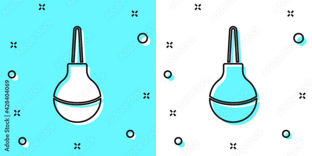 Poster black line enema icon isolated on green and white background. enema with a plastic tip. medical pear