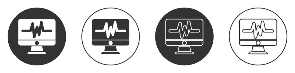 Black Computer monitor with cardiogram icon isolated on white background. Monitoring icon. ECG monitor with heart beat hand drawn. Circle button. Vector