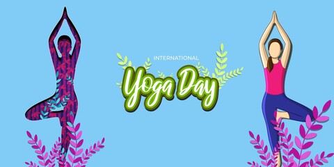 Illustration for international yoga day,  women are doing yoga in garden with beautiful plants in backdrop.